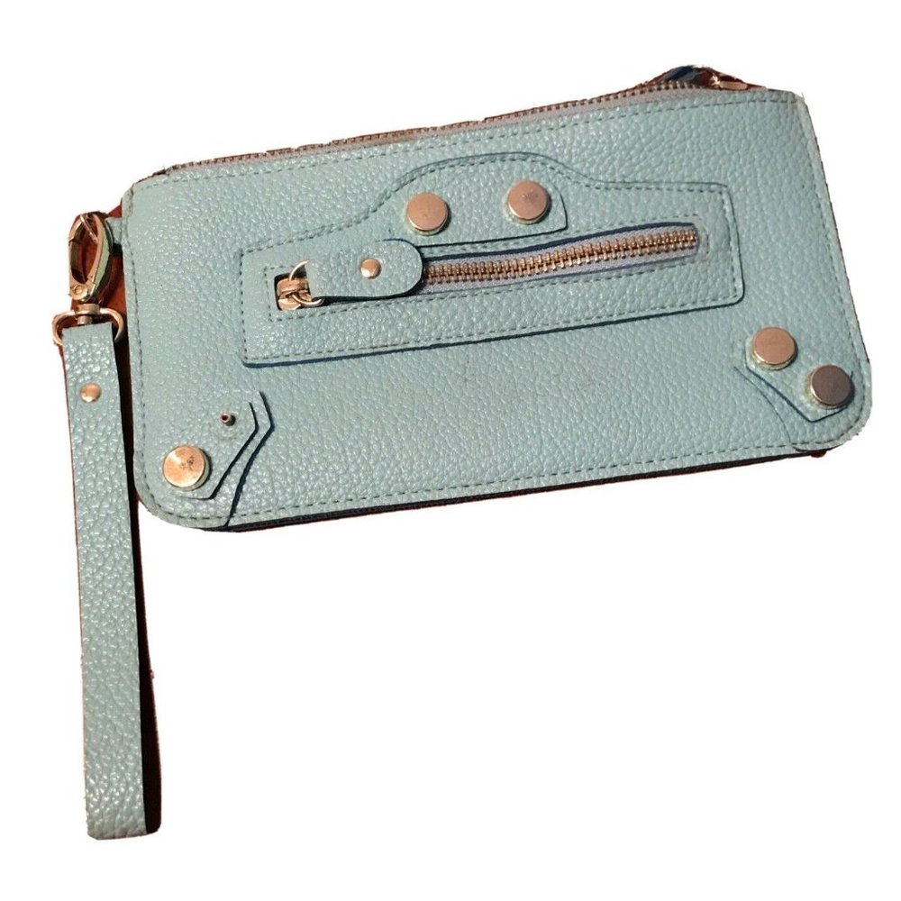 Steve Madden Aqua Seafoam Wristlet Wallet Faux Leather Zip Top Pocket Loop Strap